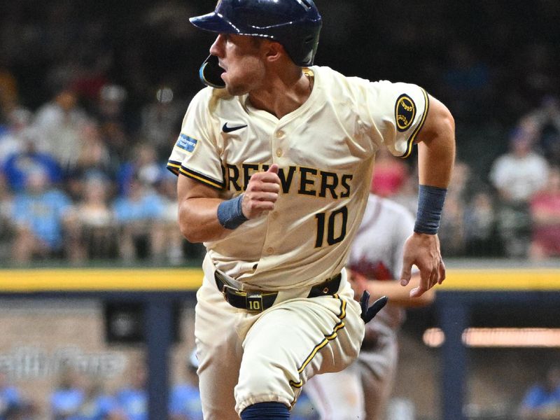 Jul 30, 2024; Milwaukee, Wisconsin, USA; Milwaukee Brewers outfielder Sal Frelick (10) runs to third base against the Atlanta Braves in the seventh inning at American Family Field. Mandatory Credit: Michael McLoone-USA TODAY Sports