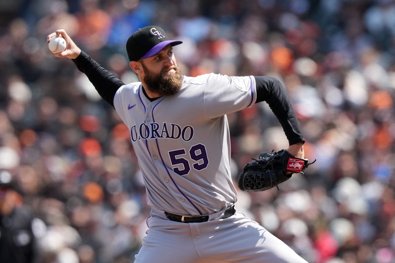 May 3, 2025; San Francisco, California, USA; Colorado Rockies relief pitcher Jake Bird (59) throws a pitch against the San Francisco Giants during the seventh inning at Oracle Park. Mandatory Credit: Darren Yamashita-Imagn Images