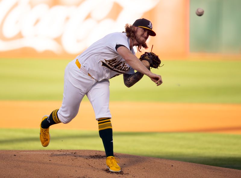 Jun 5, 2024; Oakland, California, USA; Oakland Athletics starting pitcher Joey Estes (68) delivers a pitch against the Seattle Mariners during the first inning at Oakland-Alameda County Coliseum. Mandatory Credit: D. Ross Cameron-USA TODAY Sports