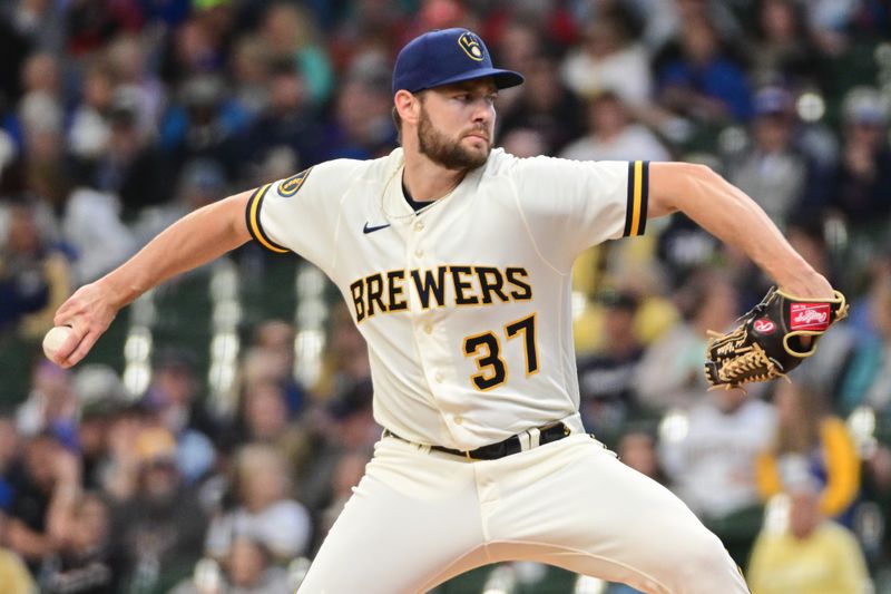 May 24, 2023; Milwaukee, Wisconsin, USA; Milwaukee Brewers pitcher Adrian Houser (37) pitches against the Houston Astros in the first inning at American Family Field. Mandatory Credit: Benny Sieu-USA TODAY Sports