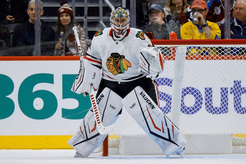 Oct 28, 2024; Denver, Colorado, USA; Chicago Blackhawks goaltender Petr Mrazek (34) in the third period against the Colorado Avalanche at Ball Arena. Mandatory Credit: Isaiah J. Downing-Imagn Images