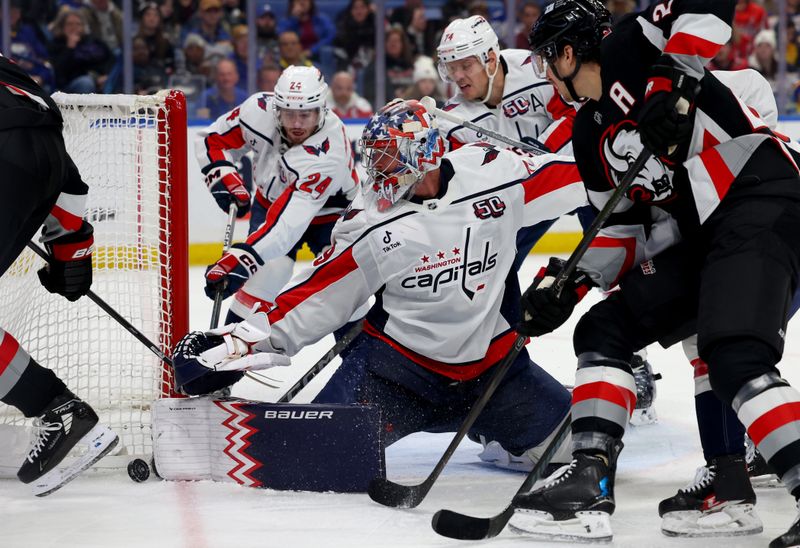 Jan 6, 2025; Buffalo, New York, USA;  Washington Capitals goaltender Charlie Lindgren (79) makes a pad save during the second period against the Buffalo Sabres at KeyBank Center. Mandatory Credit: Timothy T. Ludwig-Imagn Images