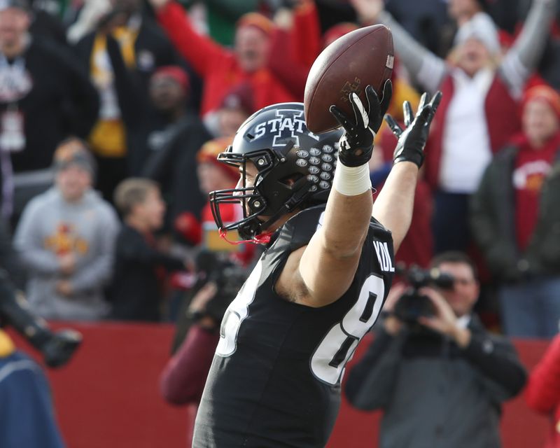 Nov 16, 2019; Ames, IA, USA; Iowa State Cyclones tight end Charlie Kolar (88) celebrates after the touchdown against the Texas Longhorns at Jack Trice Stadium. The Cyclones beat the Longhorns 23 to 21.  Mandatory Credit: Reese Strickland-USA TODAY Sports