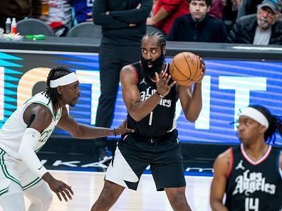 LOS ANGELES, CA - DECEMBER 23: James Harden #1 of the LA Clippers handles the ball during the game   on December 23, 2023 at Crypto.Com Arena in Los Angeles, California. NOTE TO USER: User expressly acknowledges and agrees that, by downloading and/or using this Photograph, user is consenting to the terms and conditions of the Getty Images License Agreement. Mandatory Copyright Notice: Copyright 2023 NBAE (Photo by Tyler Ross/NBAE via Getty Images)