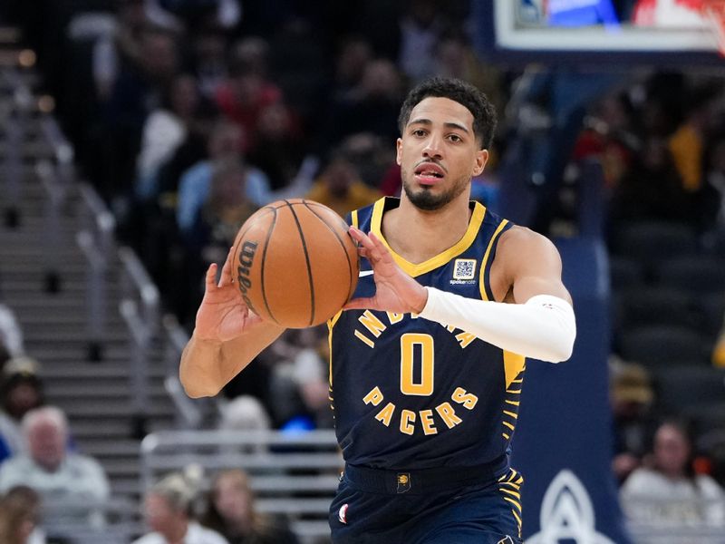 INDIANAPOLIS, INDIANA - MARCH 02: Tyrese Haliburton #0 of the Indiana Pacers passes the ball in the second quarter against the Chicago Bulls at Gainbridge Fieldhouse on March 02, 2025 in Indianapolis, Indiana. NOTE TO USER: User expressly acknowledges and agrees that, by downloading and or using this photograph, User is consenting to the terms and conditions of the Getty Images License Agreement. (Photo by Dylan Buell/Getty Images)