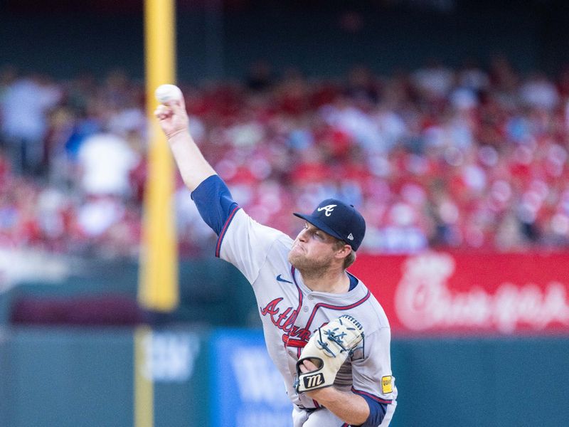 Jun 26, 2024; St. Louis, Missouri, USA; Atlanta Braves pitcher Bryce Elder (55) starts against the St. Louis Cardinals in the first inning at Busch Stadium. Mandatory Credit: Zach Dalin-USA TODAY Sports