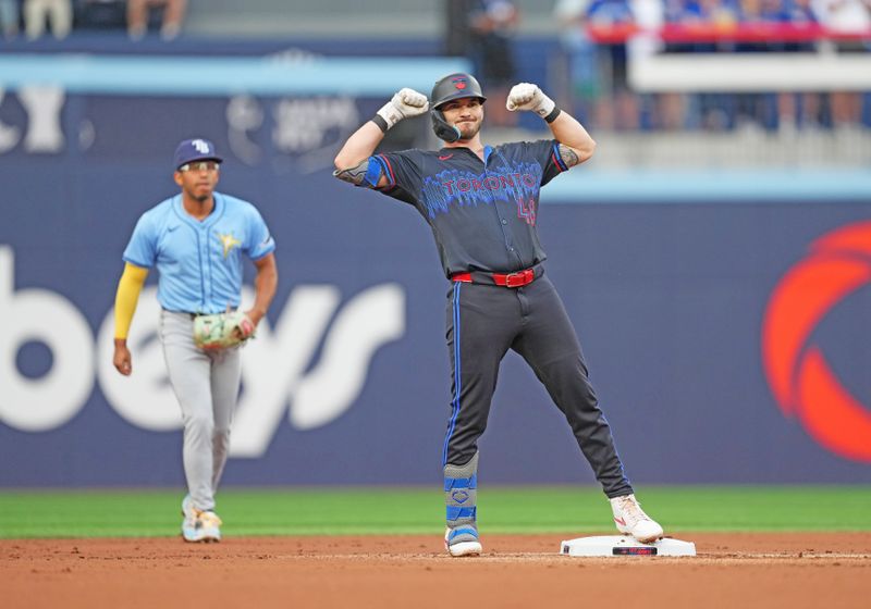 Jul 24, 2024; Toronto, Ontario, CAN; Toronto Blue Jays second baseman Spencer Horwitz (48) celebrates hitting a double against the Tampa Bay Rays during the first inning at Rogers Centre. Mandatory Credit: Nick Turchiaro-USA TODAY Sports