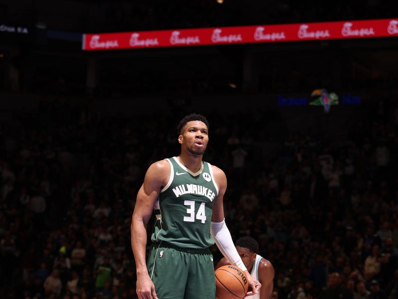 MINNEAPOLIS, MN -  FEBRUARY 23: Giannis Antetokounmpo #34 of the Milwaukee Bucks shoots a free throw during the game on February 23, 2024 at Target Center in Minneapolis, Minnesota. NOTE TO USER: User expressly acknowledges and agrees that, by downloading and or using this Photograph, user is consenting to the terms and conditions of the Getty Images License Agreement. Mandatory Copyright Notice: Copyright 2024 NBAE (Photo by David Sherman/NBAE via Getty Images)