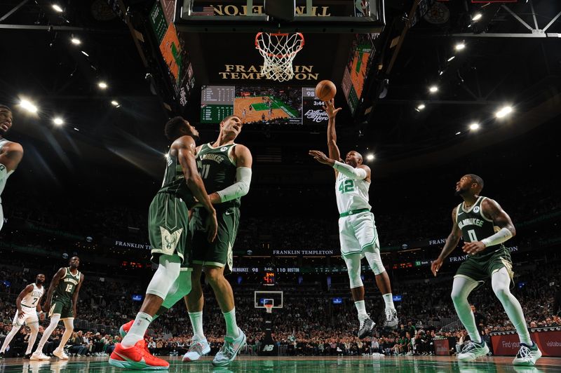 BOSTON, MA - OCTOBER 28:  Al Horford #42 of the Boston Celtics shoots the ball during the game against the Milwaukee Bucks on October 28, 2024 at TD Garden in Boston, Massachusetts. NOTE TO USER: User expressly acknowledges and agrees that, by downloading and/or using this Photograph, user is consenting to the terms and conditions of the Getty Images License Agreement. Mandatory Copyright Notice: Copyright 2024 NBAE (Photo by Brian Babineau/NBAE via Getty Images)