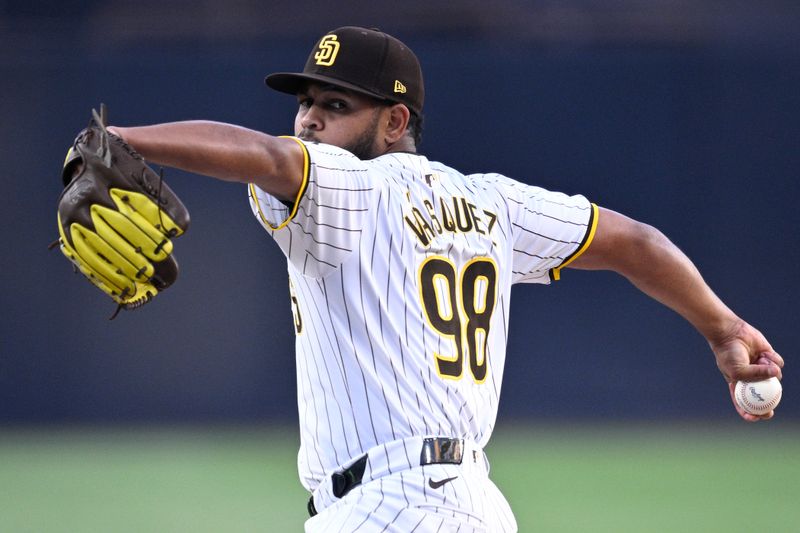 May 13, 2024; San Diego, California, USA; San Diego Padres starting pitcher Randy Vasquez (98) throws a pitch against the Colorado Rockies during the first inning at Petco Park. Mandatory Credit: Orlando Ramirez-USA TODAY Sports