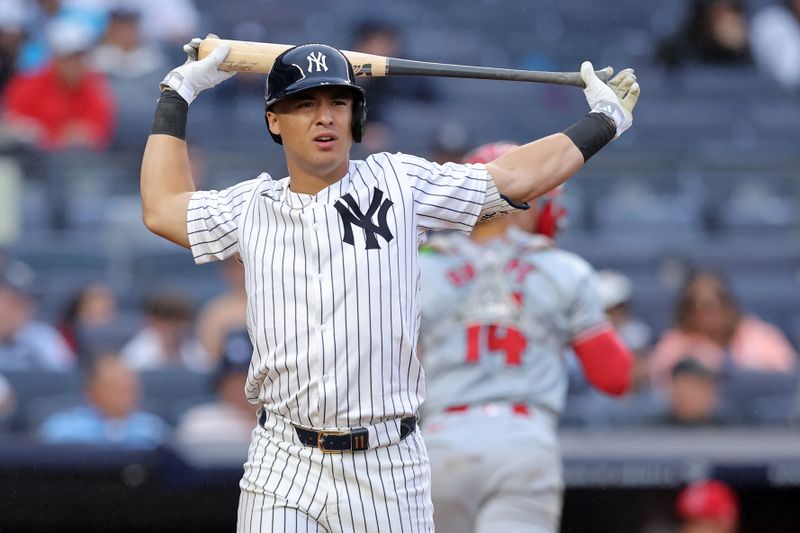 Aug 7, 2024; Bronx, New York, USA; New York Yankees shortstop Anthony Volpe (11) reacts after striking out to end the sixth inning against the Los Angeles Angels at Yankee Stadium. Mandatory Credit: Brad Penner-USA TODAY Sports