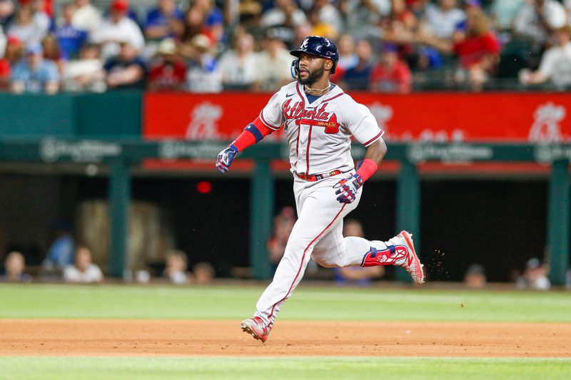 May 15, 2023; Arlington, Texas, USA; Atlanta Braves center fielder Michael Harris II (23) hits a double during the eighth inning against the Texas Rangers at Globe Life Field. Mandatory Credit: Andrew Dieb-USA TODAY Sports