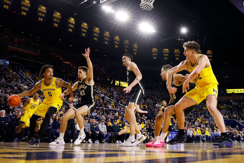 Feb 25, 2024; Ann Arbor, Michigan, USA;  Michigan Wolverines forward Terrance Williams II (5) dribbles against Purdue Boilermakers forward Camden Heide (23) in the first half at Crisler Center. Mandatory Credit: Rick Osentoski-USA TODAY Sports