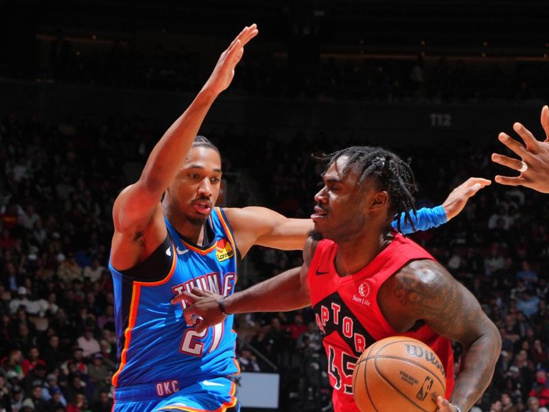 TORONTO, CANADA - DECEMBER 05:  Davion Mitchell #45 of the Toronto Raptors handles the ball during the game against the Oklahoma City Thunder on December 05, 2024 at the Scotiabank Arena in Toronto, Ontario, Canada.  NOTE TO USER: User expressly acknowledges and agrees that, by downloading and or using this Photograph, user is consenting to the terms and conditions of the Getty Images License Agreement.  Mandatory Copyright Notice: Copyright 2024 NBAE (Photo by Mark Blinch/NBAE via Getty Images)