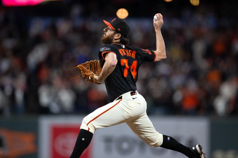 Apr 5, 2025; San Francisco, California, San Francisco Giants pitcher Ryan Walker (74) delivers a pitch against the Seattle Mariners during the ninth inning at Oracle Park. Mandatory Credit: D. Ross Cameron-Imagn Images