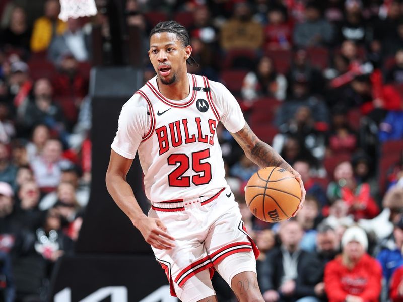 CHICAGO, IL - FEBRUARY 11: Dalen Terry #25 of the Chicago Bulls looks to pass the ball during the game against the Detroit Pistons on February 11, 2025 at United Center in Chicago, Illinois. NOTE TO USER: User expressly acknowledges and agrees that, by downloading and or using this photograph, User is consenting to the terms and conditions of the Getty Images License Agreement. Mandatory Copyright Notice: Copyright 2025 NBAE (Photo by Jeff Haynes/NBAE via Getty Images)