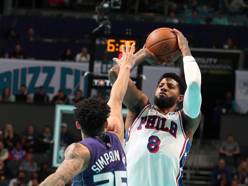 CHARLOTTE, NC - DECEMBER 3: Paul George #8 of the Philadelphia 76ers shoots the ball during the game against the Charlotte Hornets during an NBA Emirates Cup game on December 3, 2024 at Spectrum Center in Charlotte, North Carolina. NOTE TO USER: User expressly acknowledges and agrees that, by downloading and or using this photograph, User is consenting to the terms and conditions of the Getty Images License Agreement. Mandatory Copyright Notice: Copyright 2024 NBAE (Photo by Kent Smith/NBAE via Getty Images)