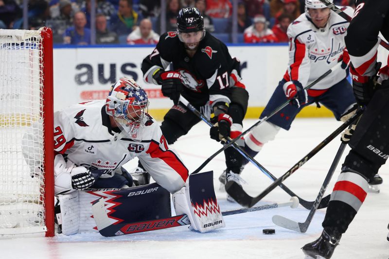 Jan 6, 2025; Buffalo, New York, USA;  Washington Capitals goaltender Charlie Lindgren (79) loos to make a save during the second period against the Buffalo Sabres at KeyBank Center. Mandatory Credit: Timothy T. Ludwig-Imagn Images