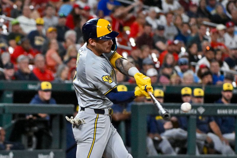 Aug 21, 2024; St. Louis, Missouri, USA;  Milwaukee Brewers third baseman Joey Ortiz (3) hits a two run double against the St. Louis Cardinals during the eighth inning at Busch Stadium. Mandatory Credit: Jeff Curry-USA TODAY Sports