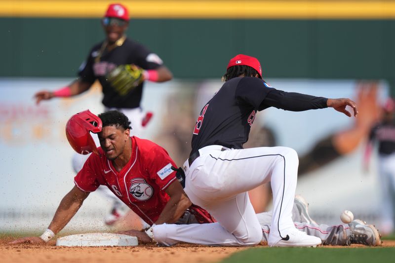 Feb. 24, 2024; Goodyear, Arizona, USA; Cincinnati Reds outfielder Bubba Thompson steals second base in the eighth inning during a MLB spring training baseball game against the Cleveland Guardians at Goodyear Ballpark. Mandatory Credit: Kareem Elgazzar-USA TODAY Sports