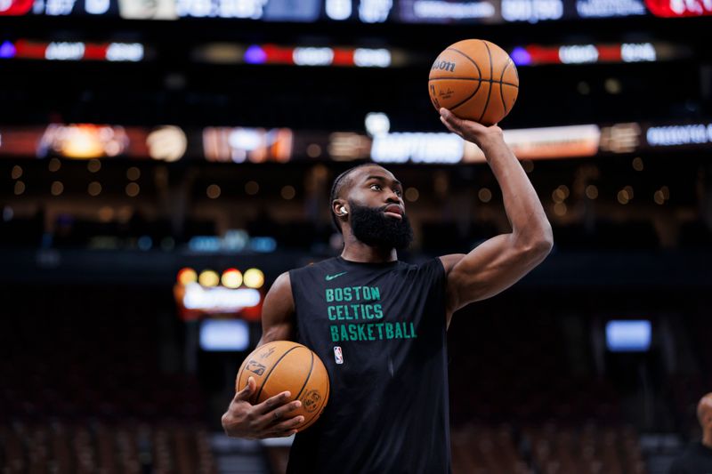 TORONTO, CANADA - NOVEMBER 17: Jaylen Brown #7 of the Boston Celtics warms up ahead of their NBA In-Season Tournament game against the Toronto Raptors at Scotiabank Arena on November 17, 2023 in Toronto, Canada. NOTE TO USER: User expressly acknowledges and agrees that, by downloading and or using this photograph, User is consenting to the terms and conditions of the Getty Images License Agreement. (Photo by Cole Burston/Getty Images)