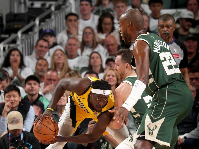 MILWAUKEE, WI - APRIL 23: Pascal Siakam #43 of the Indiana Pacers handles the ball during the game against the Milwaukee Bucks during Round One Game Two of the 2024 NBA Playoffs on April 23, 2024 at the Fiserv Forum Center in Milwaukee, Wisconsin. NOTE TO USER: User expressly acknowledges and agrees that, by downloading and or using this Photograph, user is consenting to the terms and conditions of the Getty Images License Agreement. Mandatory Copyright Notice: Copyright 2024 NBAE (Photo by Gary Dineen/NBAE via Getty Images).