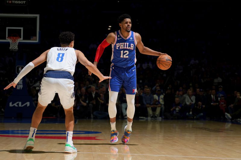 PHILADELPHIA, PA - MARCH 29: Tobias Harris #12 of the Philadelphia 76ers dribbles the ball during the game against the Dallas Mavericks on March 29, 2023 at the Wells Fargo Center in Philadelphia, Pennsylvania NOTE TO USER: User expressly acknowledges and agrees that, by downloading and/or using this Photograph, user is consenting to the terms and conditions of the Getty Images License Agreement. Mandatory Copyright Notice: Copyright 2023 NBAE (Photo by Jesse D. Garrabrant/NBAE via Getty Images)