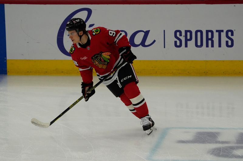 Oct 25, 2024; Chicago, Illinois, USA; Chicago Blackhawks center Connor Bedard (98) warms up before a game against the Nashville Predators at United Center. Mandatory Credit: David Banks-Imagn Images