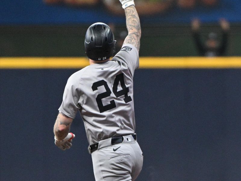 Apr 27, 2024; Milwaukee, Wisconsin, USA; New York Yankees outfielder Alex Verdugo (24) celebrates hitting  home run against the Milwaukee Brewers in the first inning at American Family Field. Mandatory Credit: Michael McLoone-USA TODAY Sports