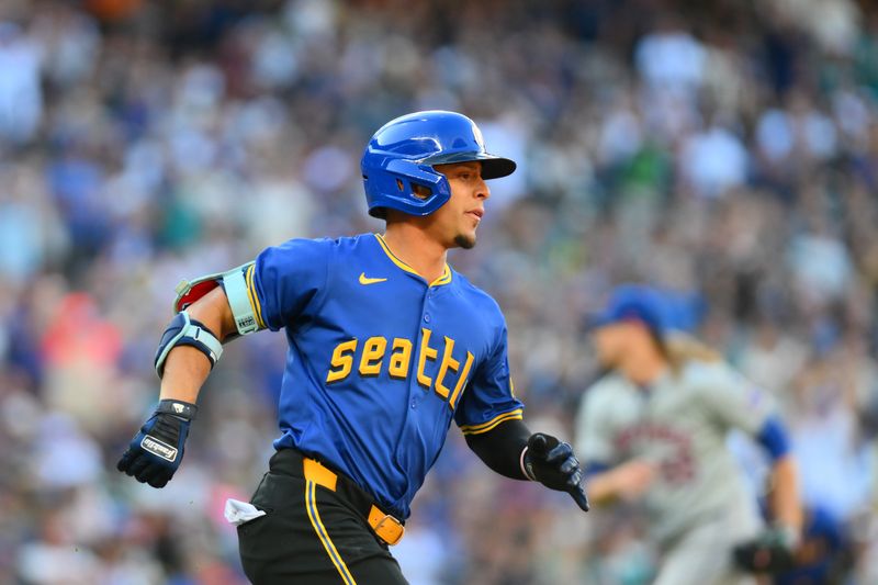 Aug 11, 2024; Seattle, Washington, USA; Seattle Mariners shortstop Leo Rivas (76) runs towards first base after hitting an RBI single against the New York Mets during the sixth inning at T-Mobile Park. Mandatory Credit: Steven Bisig-USA TODAY Sports