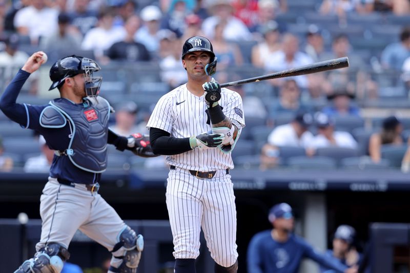 Jul 20, 2024; Bronx, New York, USA; New York Yankees second baseman Gleyber Torres (25) reacts after striking out to end the seventh inning against the Tampa Bay Rays at Yankee Stadium. Mandatory Credit: Brad Penner-USA TODAY Sports