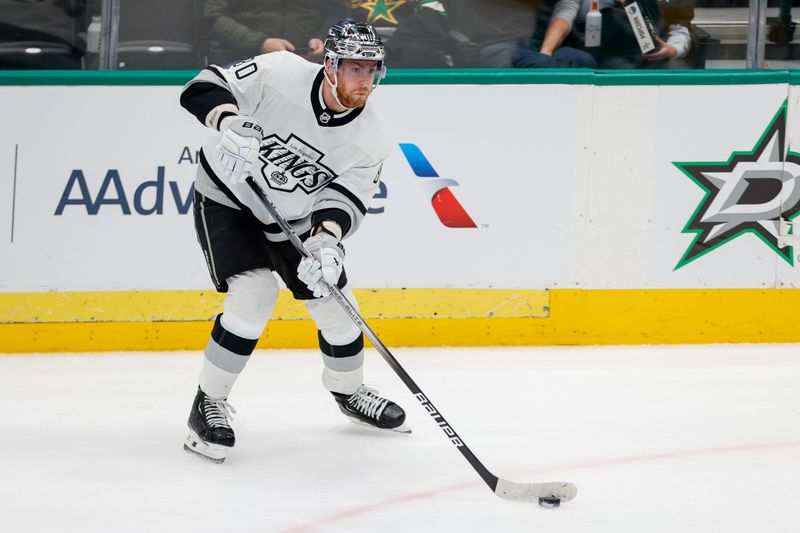 Mar 16, 2024; Dallas, Texas, USA; Los Angeles Kings center Pierre-Luc Dubois (80) stick handles the puck during the first period against the Dallas Stars at American Airlines Center. Mandatory Credit: Andrew Dieb-USA TODAY Sports