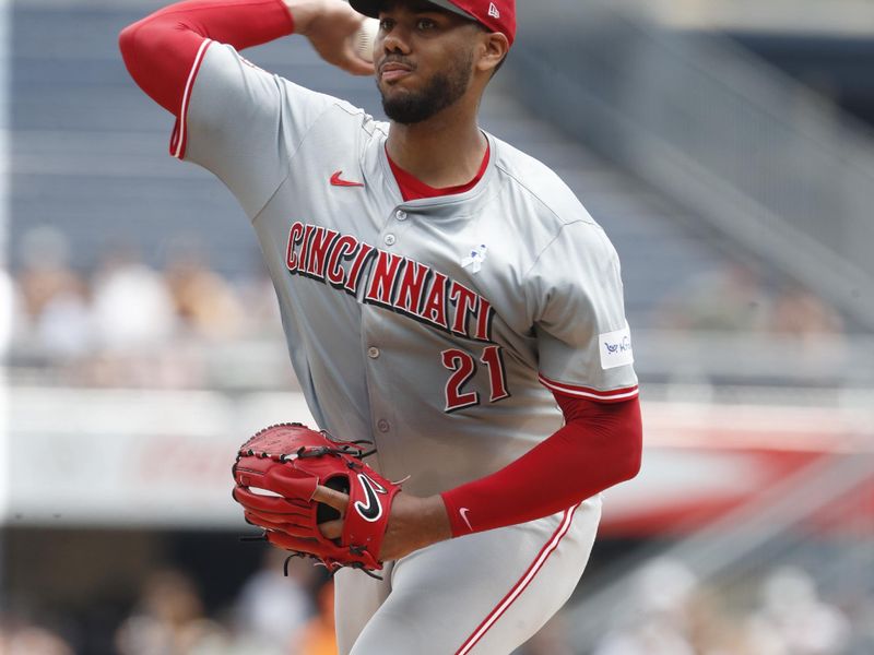 Jun 19, 2024; Pittsburgh, Pennsylvania, USA;  Cincinnati Reds starting pitcher Hunter Greene (21) delivers a pitch against the Pittsburgh Pirates during the first inning at PNC Park. Mandatory Credit: Charles LeClaire-USA TODAY Sports