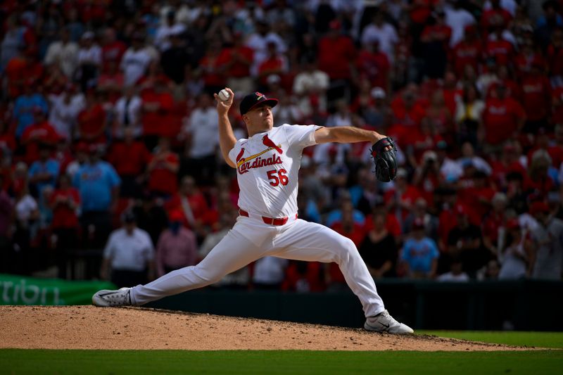 Sep 22, 2024; St. Louis, Missouri, USA; St. Louis Cardinals relief pitcher Ryan Helsley (56) pitches against the Cleveland Guardians during the ninth inning at Busch Stadium. Mandatory Credit: Jeff Curry-Imagn Images