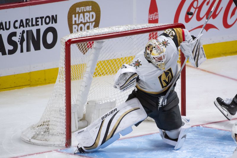 Feb 24, 2024; Ottawa, Ontario, CAN; Vegas Golden Knights goalie Logan Thompson (36) makes a save in the third period against the Ottawa Senators at the Canadian Tire Centre. Mandatory Credit: Marc DesRosiers-USA TODAY Sports