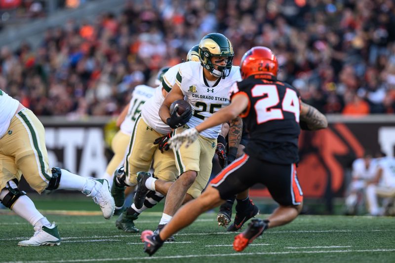 Oct 5, 2024; Corvallis, Oregon, USA; Colorado State Rams running back Avery Morrow (25) runs the ball against the Oregon State Beavers during the second quarter at Reser Stadium. Mandatory Credit: Craig Strobeck-Imagn Images