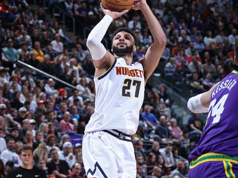 SALT LAKE CITY, UT - JANUARY 10: Jamal Murray #27 of the Denver Nuggets shoots the ball during the game against the Utah Jazz on January 10, 2024 at Delta Center in Salt Lake City, Utah. NOTE TO USER: User expressly acknowledges and agrees that, by downloading and or using this Photograph, User is consenting to the terms and conditions of the Getty Images License Agreement. Mandatory Copyright Notice: Copyright 2024 NBAE (Photo by Melissa Majchrzak/NBAE via Getty Images)