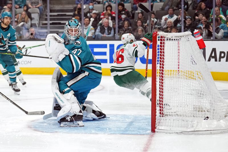 Mar 11, 2023; San Jose, California, USA; San Jose Sharks goaltender James Reimer (47) reacts after Minnesota Wild defenseman Jared Spurgeon (46) scores during the first period at SAP Center at San Jose. Mandatory Credit: Darren Yamashita-USA TODAY Sports