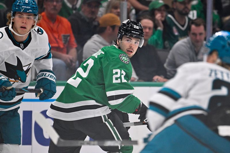 Oct 15, 2024; Dallas, Texas, USA; Dallas Stars center Mavrik Bourque (22) skates against the San Jose Sharks during the first period at the American Airlines Center. Mandatory Credit: Jerome Miron-Imagn Images