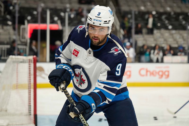 Dec 12, 2023; San Jose, California, USA; Winnipeg Jets left wing Alex Iafallo (9) skates during warmups before the game between the San Jose Sharks and the Winnipeg Jets at SAP Center at San Jose. Mandatory Credit: Robert Edwards-USA TODAY Sports