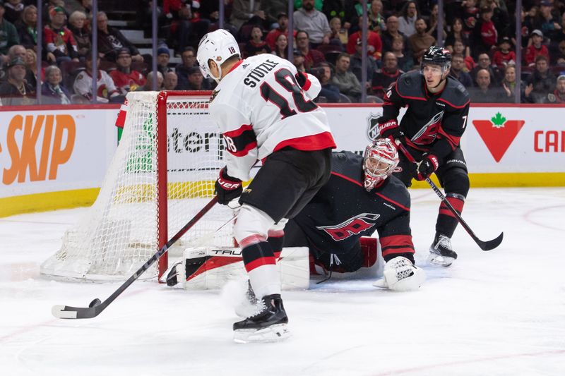 Mar 17, 2024; Ottawa, Ontario, CAN; Ottawa Senators center Tim Stutzle (18) shoots on  Carolina Hurricanes goalie Frederik Andersen (31) in the first period at the Canadian Tire Centre. Mandatory Credit: Marc DesRosiers-USA TODAY Sports