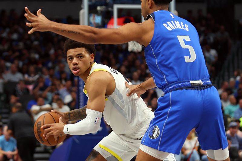 DALLAS, TEXAS - OCTOBER 28: Keyonte George #3 of the Utah Jazz looks for an opening around Quentin Grimes #5 of the Dallas Mavericks in the second half of a game at American Airlines Center on October 28, 2024 in Dallas, Texas. NOTE TO USER: User expressly acknowledges and agrees that, by downloading and or using this photograph, User is consenting to the terms and conditions of the Getty Images License Agreement. (Photo by Richard Rodriguez/Getty Images)