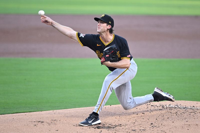 Aug 12, 2024; San Diego, California, USA; Pittsburgh Pirates starting pitcher Jake Woodford (46) pitches against the San Diego Padres during the first inning at Petco Park. Mandatory Credit: Orlando Ramirez-USA TODAY Sports