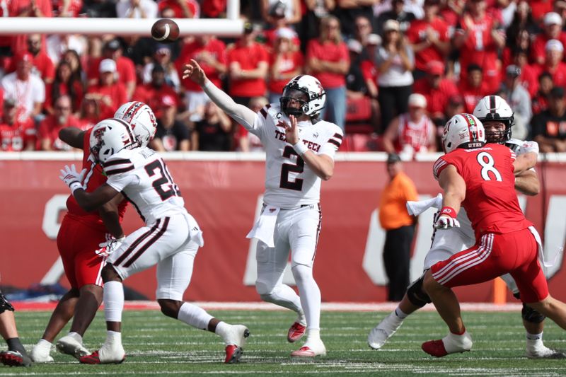Sep 20, 2025; Salt Lake City, Utah, USA; Texas Tech Red Raiders quarterback Behren Morton (2) passes the ball against the Utah Utes during the first quarter at Rice-Eccles Stadium. Mandatory Credit: Rob Gray-Imagn Images