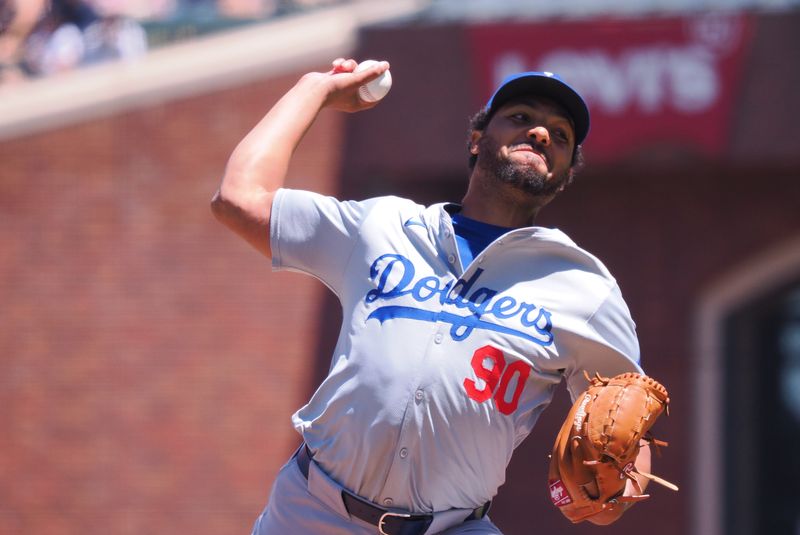 Jun 30, 2024; San Francisco, California, USA; Los Angeles Dodgers relief pitcher Michael Peterson (90) pitches the ball against the San Francisco Giants during the fifth inning at Oracle Park. Mandatory Credit: Kelley L Cox-USA TODAY Sports