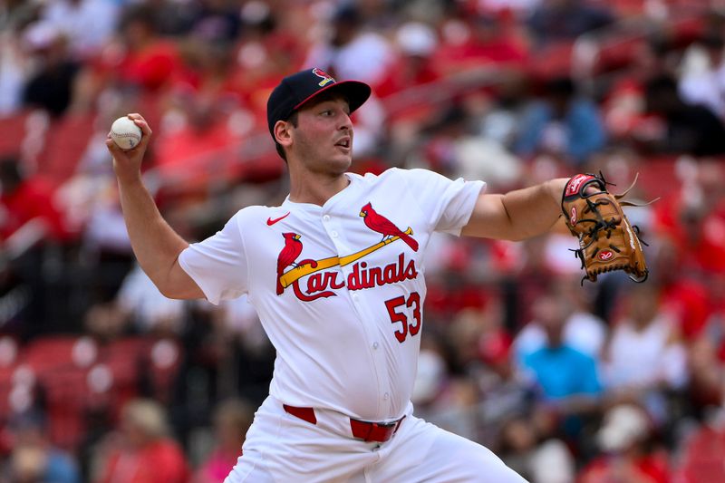 Sep 22, 2024; St. Louis, Missouri, USA;  St. Louis Cardinals starting pitcher Andre Pallante (53) pitches against the Cleveland Guardians during the second inning at Busch Stadium. Mandatory Credit: Jeff Curry-Imagn Images