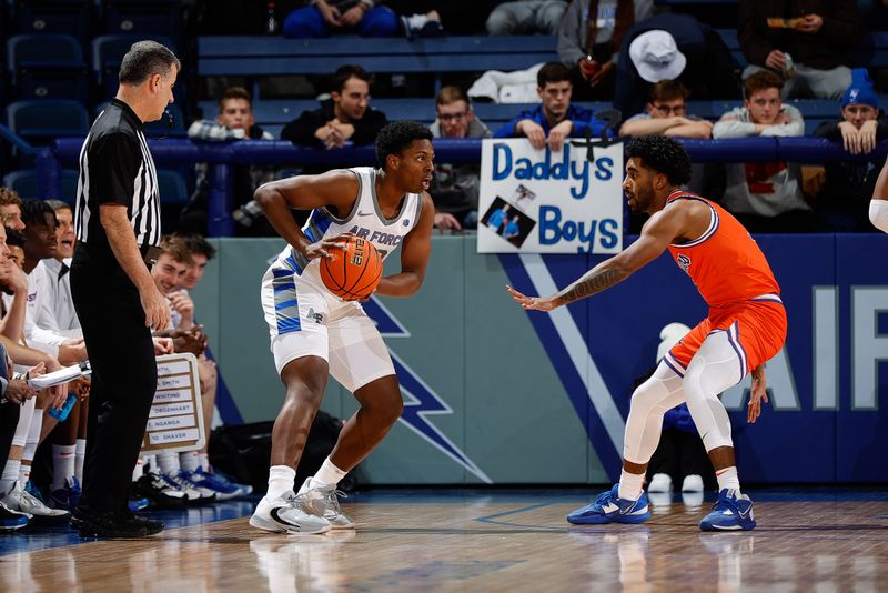 Jan 31, 2023; Colorado Springs, Colorado, USA; Air Force Falcons guard Marcell McCreary (42) controls the ball as Boise State Broncos guard Kobe Young (3) guards in the first half at Clune Arena. Mandatory Credit: Isaiah J. Downing-USA TODAY Sports