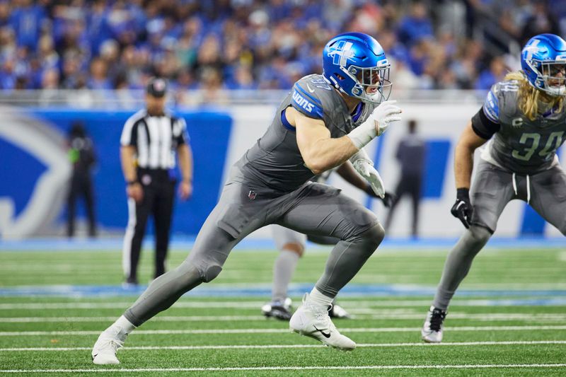 Detroit Lions defensive end Aidan Hutchinson (97) pursues a play against the Minnesota Vikings during an NFL football game at Ford Field in Detroit, Sunday, Jan. 7, 2024. (AP Photo/Rick Osentoski)