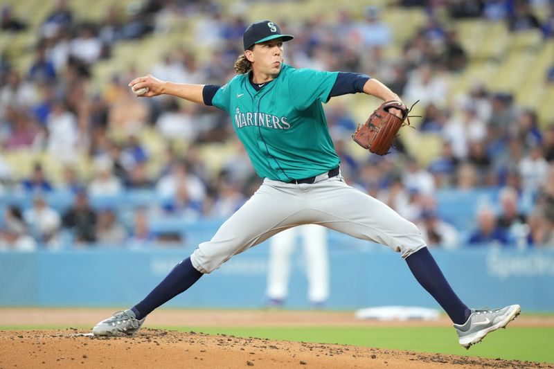 Aug 21, 2024; Los Angeles, California, USA; Seattle Mariners starting pitcher Logan Gilbert (36) throws in the second inning against the Los Angeles Dodgers at Dodger Stadium. Mandatory Credit: Kirby Lee-USA TODAY Sports