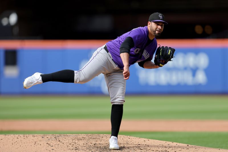 May 31, 2025; New York City, New York, USA; Colorado Rockies starting pitcher Antonio Senzatela (49) follows through on a pitch against the New York Mets during the third inning at Citi Field. Mandatory Credit: Brad Penner-Imagn Images